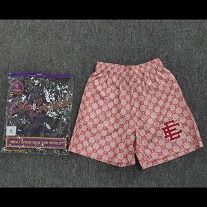 Eric Emanuel Pink and Red Logo Print Athletic Shorts